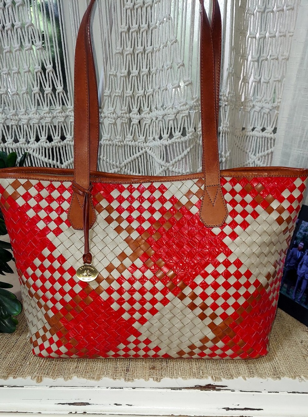 Brahmin Woven Red & Cream Tote Bag with Leather Trim